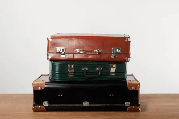 Stacked Old Leather Travel Bags Wooden Table — Stock Photo, Image