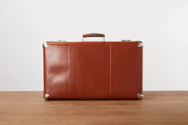 Vintage Brown Leather Suitcase Wooden Table — Stock Photo, Image