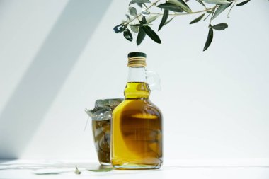 bottle of aromatic olive oil, branches and jar with green olives on white table clipart