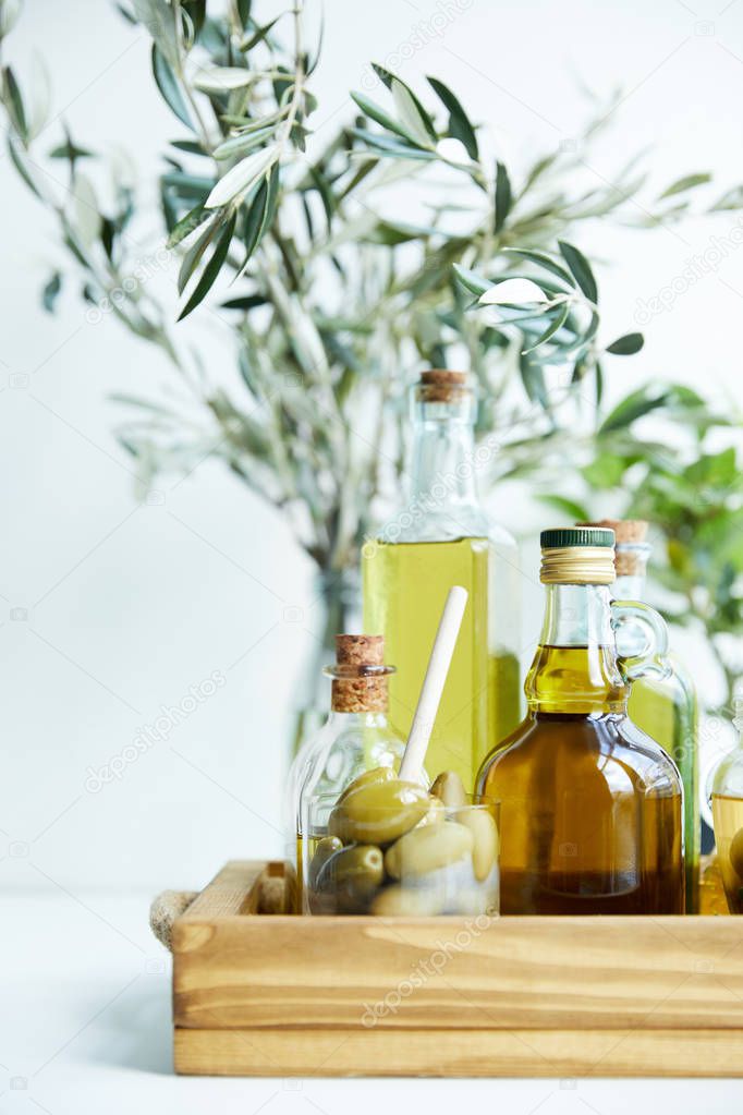 glass with spoon and green olives, various bottles of aromatic olive oil with and branches on wooden tray