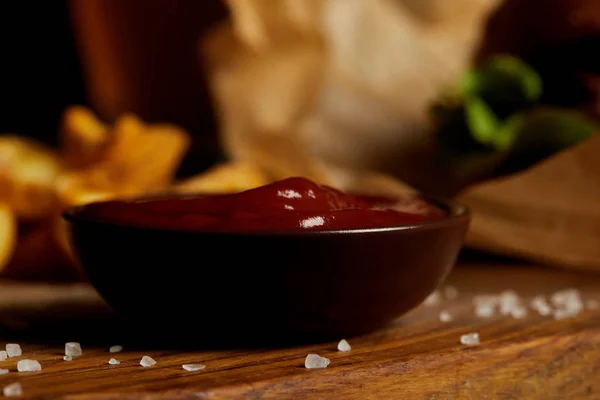 Tomato Sauce Saucer Wooden Board Salt — Stock Photo, Image