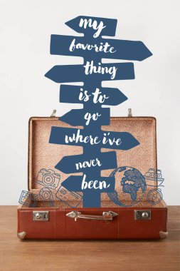 Open vintage suitcase with arrows and lettering - My favorite thing is to go where I have never been  clipart