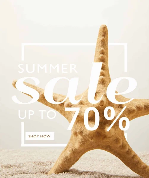 Close View Sea Star Sand Grey Background Summer Sale Discount — Stock Photo, Image