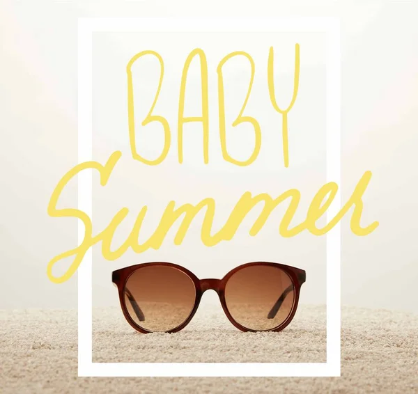 Close View Sunglasses Sand Grey Background Baby Summer Symbol — Stok Foto