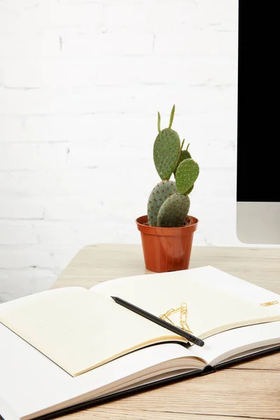 Close Van Het Computerscherm Lege Notebooks Cactus Plant Houten Tafelblad — Gratis stockfoto