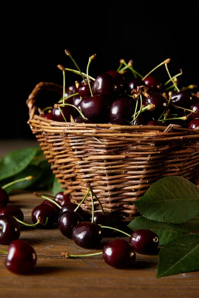 Ripe Harvested Cherries Rustic Basket Leaves Wooden Table Black — Free Stock Photo