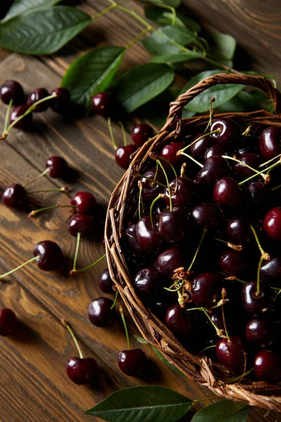 High Angle View Fresh Ripe Cherries Old Basket Wooden Table — Free Stock Photo