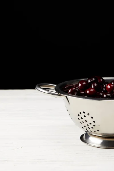 Red Ripe Sweet Cherries Colander White Wooden Surface Black — Stock Photo, Image