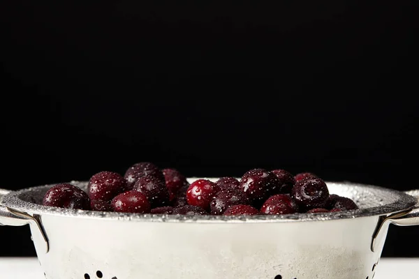 Ripe Washed Cherries Metal Colander White Tabletop — Free Stock Photo