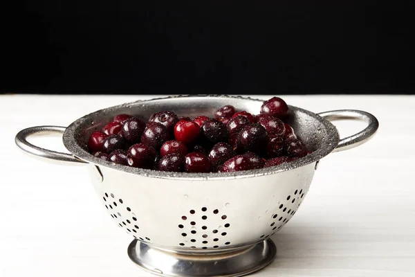 Fresh Wet Sweet Cherries Colander Isolated Black — Stock Photo, Image