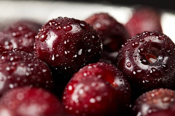 Close Shot Fresh Red Cherries Covered Water Droplets — Stock Photo, Image