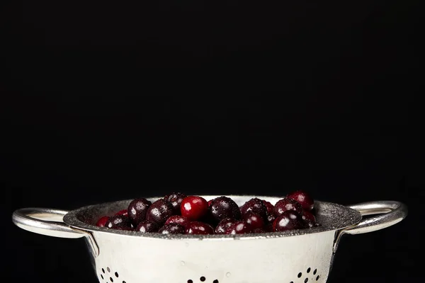 Fresh Ripe Cherries Colander Isolated Black — Free Stock Photo
