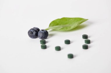 spirulina hapları, yaban mersini ve beyaz zemin üzerine nane yaprağı görünümünü kapat