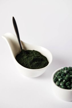 close up view of spoon, spirulina powder and spirulina pills in bowls on grey background  clipart