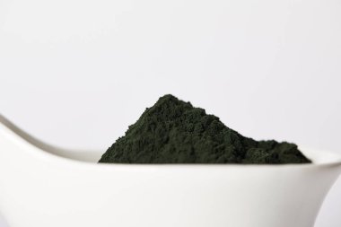 spirulina yosun toz gri arka plan üzerinde izole kase görünümünü kapat 