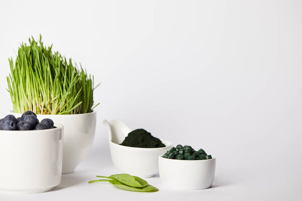 cups with spirulina grass and blueberries, leaves, bowls with spirulina powder and spirulina pills on grey background 