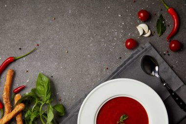 domates çorbası plaka üzerinde gri tablo peçeteye yukarıdan