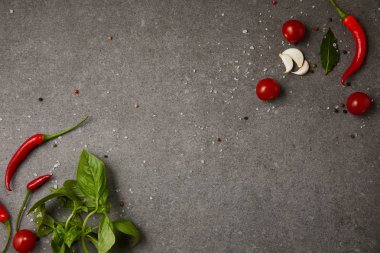 gri masada biber, domates, sarımsak ve dağınık baharat üstten görünüm