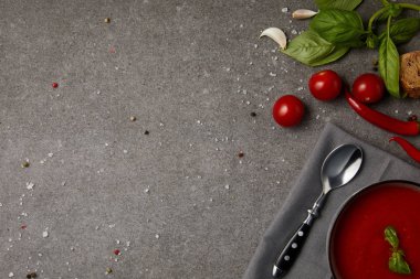 domates çorbası ve taze domates ile plaka üstten görünüm gri yüzeyi