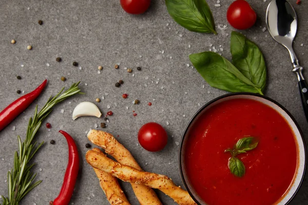 Vista Superior Verduras Palitos Pan Deliciosa Sopa Tomate Mesa Gris — Foto de Stock