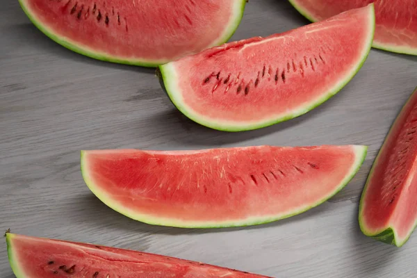 Food Composition Fresh Watermelon Slices Grey Wooden Surface — Stock Photo, Image