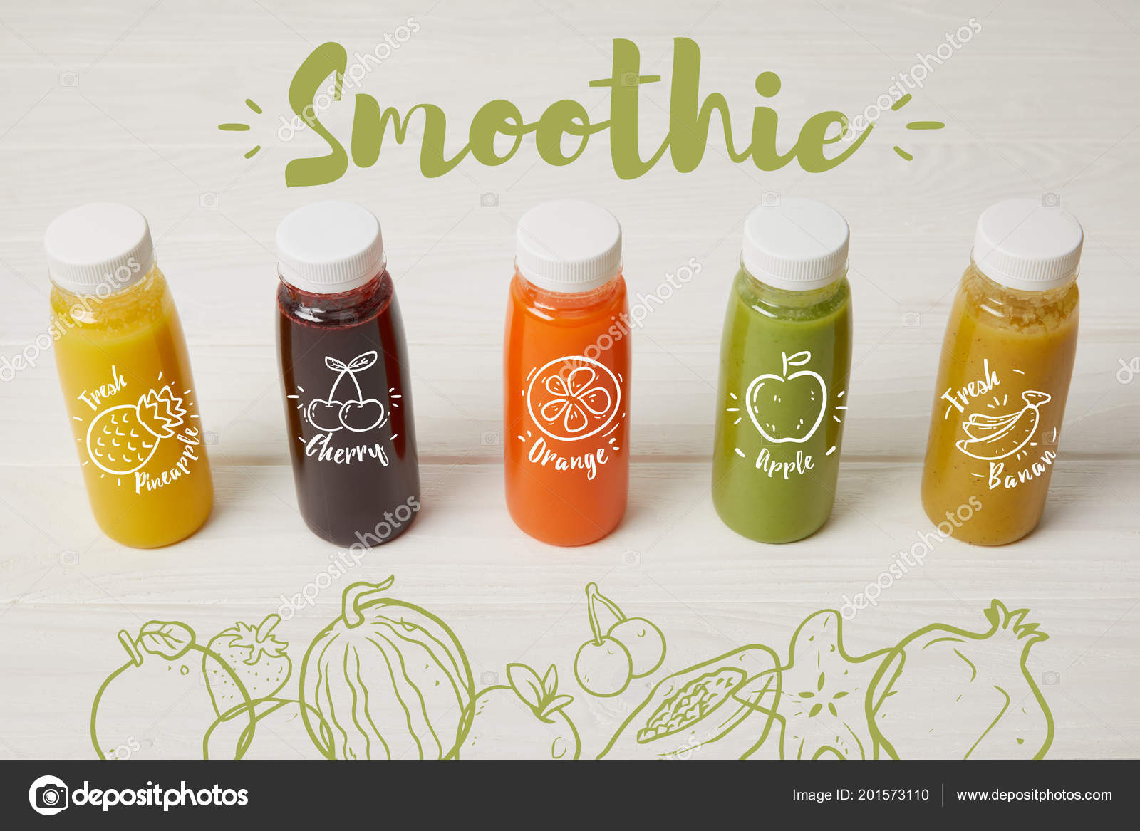 Fresh Organic Smoothies Bottles Standing Row White Smoothie Inscription  Stock Photo by ©AntonMatyukha 201573110