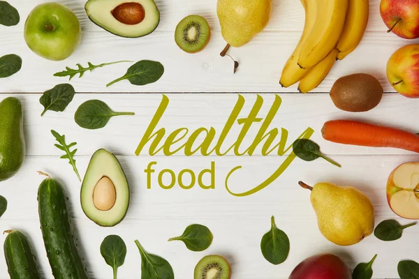 Ovanifrån Frukt Och Grönsaker Trä Bakgrund Med Kopia Utrymme Hälsosam — Stockfoto