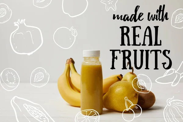 yellow detox smoothie in bottles with bananas, pears and kiwis on white background, made with real fruits inscription