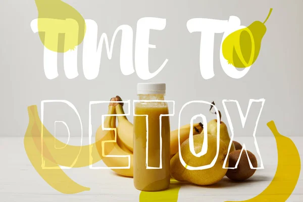 Yellow Detox Smoothie Bottles Bananas Pears Kiwis White Background Time — Stock Photo, Image