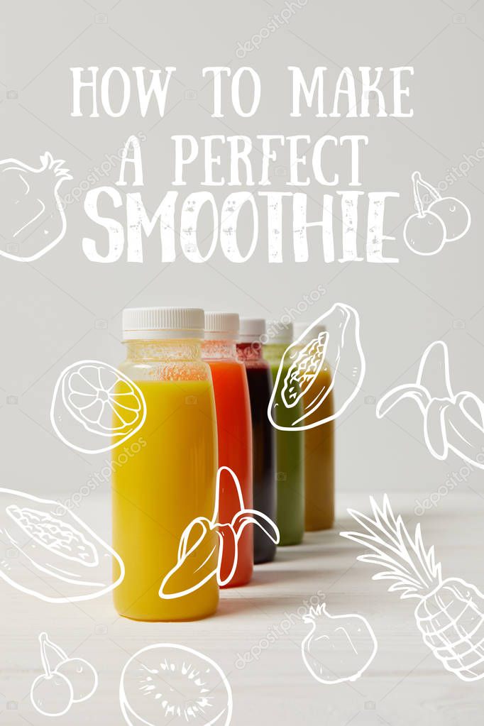 organic detox smoothies in bottles standing in row, how to make perfect smoothie inscription