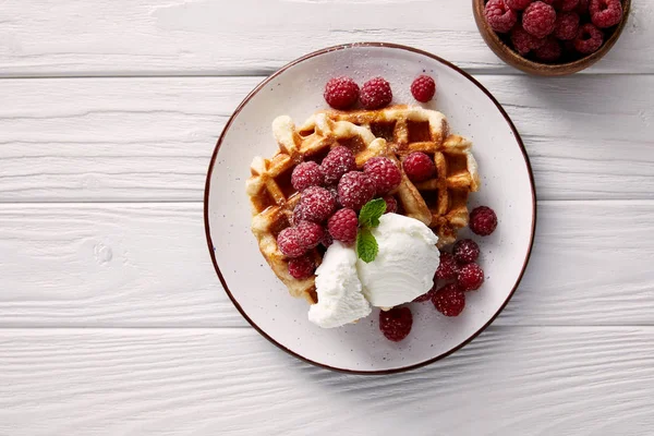 Tasty Belgian Waffles Raspberries Ice Cream White Wooden Table — Stock Photo, Image