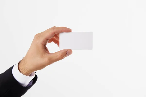 Imagem Recortada Empresário Apresentando Cartão Visita Branco Isolado Fundo Branco — Fotografia de Stock