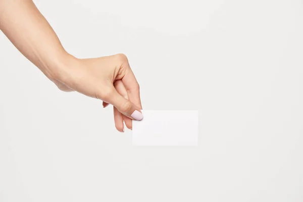 Cropped Image Businesswoman Showing Empty Business Card Isolated White Background — Stock Photo, Image