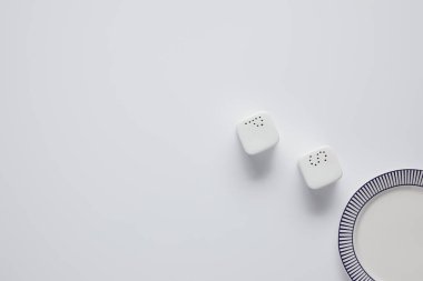 top view of plate, saltcellar and pepper caster on white table, minimalistic concept clipart