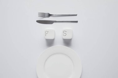 top view of arranged plate, fork, knife, saltcellar and pepper caster on white table, minimalistic concept clipart