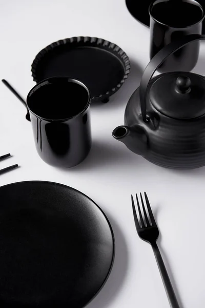 Close View Black Teapot Plate Cups Fork Chopsticks Baking Dish — Stock Photo, Image