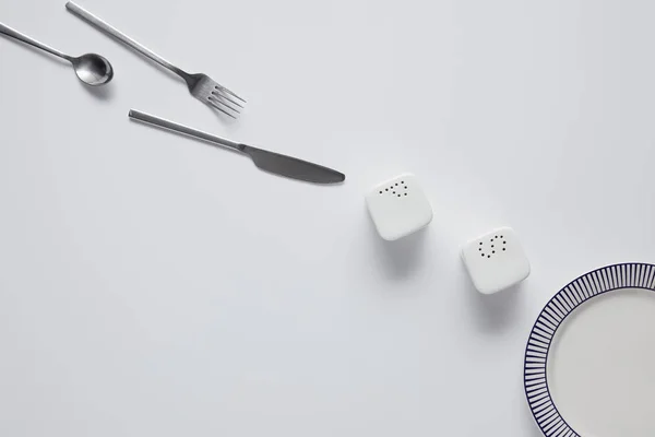 白いテーブルに整理されたナイフ フォーク スプーン コショウ キャスター 塩入れ プレートの上面図  — 無料ストックフォト