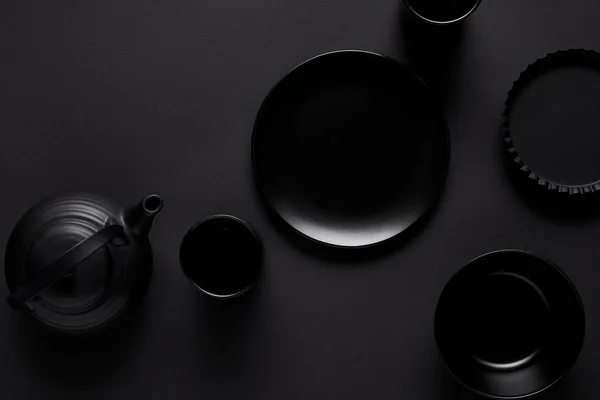 Top View Black Teapot Plate Bowl Cups Baking Dish Black — Stock Photo, Image