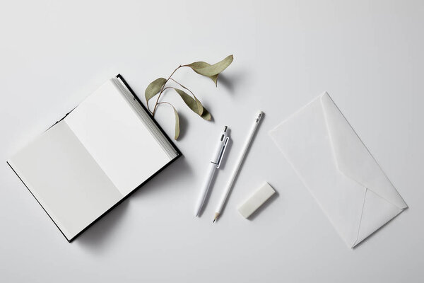 top view of opened blank notebook with green leaves and envelope on white surface for mockup