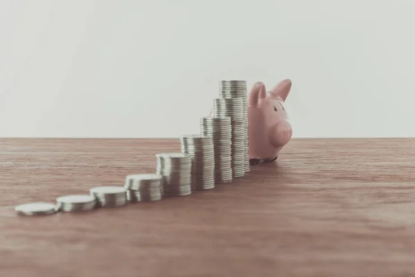 Stacks Coins Piggy Bank Wooden Table Saving Concept — Stock Photo, Image