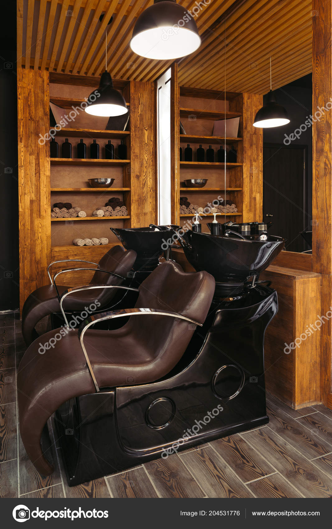 Empty Leather Chairs Sinks Modern Hair Salon Stock Photo