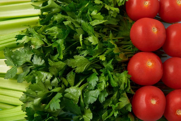 Full frame of fresh tomatoes, celery and parsley background — Stock Image Full Frame Fresh Tomatoes Celery Parsley Background Stock Picture
