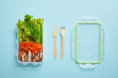 çatal bıçak takımı ve yemek kabı mavi izole sağlıklı yemek dolu üstten görünüm