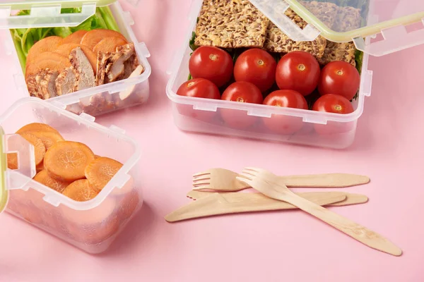 Close View Healthy Food Arranged Food Containers Cutlery Pink Backdrop — Stock Photo, Image