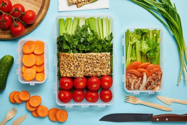 flat lay with healthy food composition isolated on blue