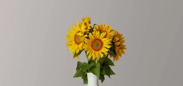 bouquet of yellow sunflowers in vase, isolated on grey