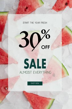 juicy watermelon slices lying on ice cubes with sale and 30 percents discount symbol clipart