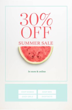 top view of watermelon slice isolated on white with summer sale and 30 percents discount clipart