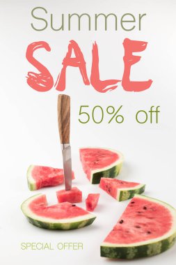 fresh watermelon slices with knife isolated on white with summer sale lettering clipart
