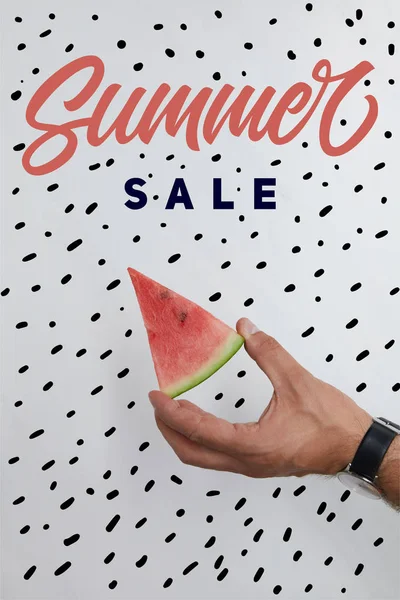 Cropped Shot Man Holding Watermelon Piece Hands White Surface Summer — Stock Photo, Image